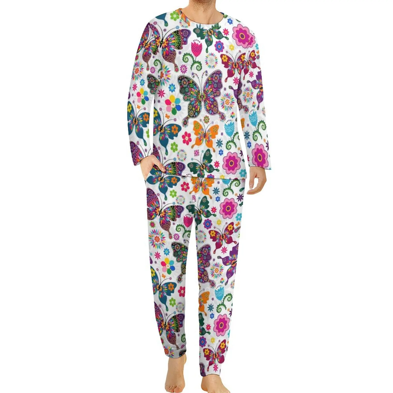 Boho Butterfly Pajamas Butterflies Lover Vintage Floral Print Men Long Sleeve Cute Pajama Sets 2 Piece Leisure Spring Nightwear