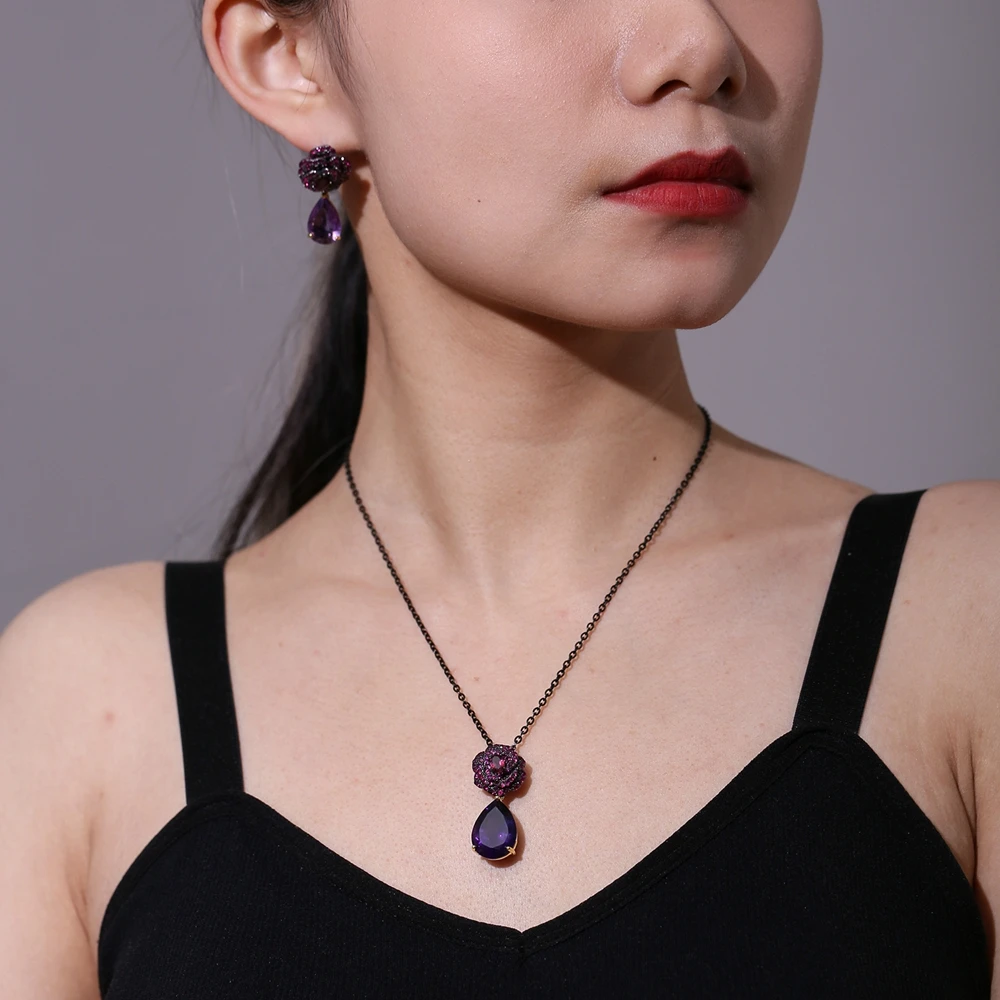 GEM'S BEAUTY Flower Rose Jewelry Sets 925 Sterling Silver Natural Amethyst Necklace Earring Sets for Original Design Women