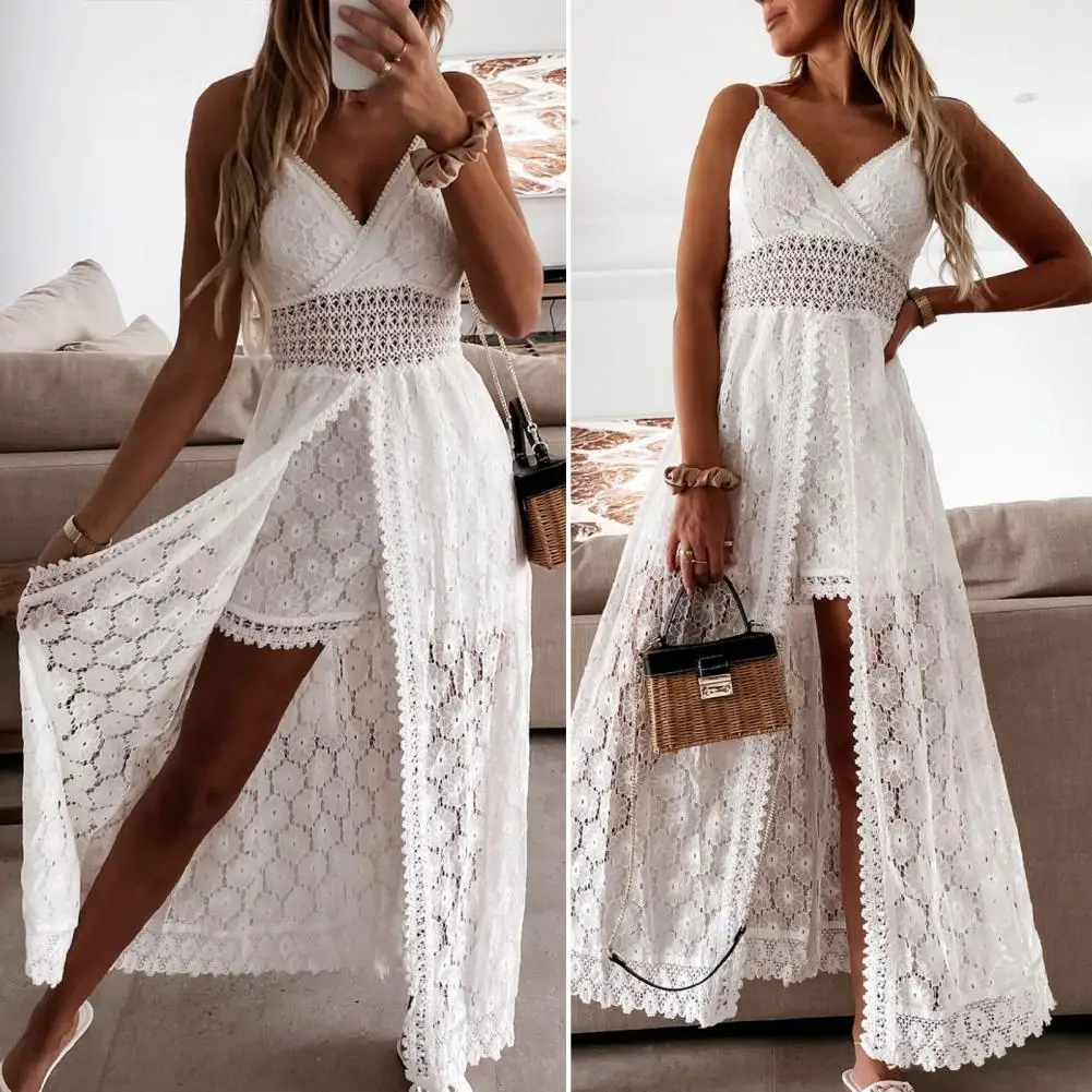 Summer Popular Long Dress White Women Jumpsuit Sexy Shorts Playsuit Lace Hollow-Out Sleeveless for Vacation High Waist Rompers