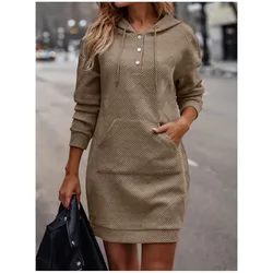 Autumn And Winter Women's Loose Casual Solid Color Hooded Button Up Hoodie Dress With Pullover Long Sleeved Pocket Loose Fit2024