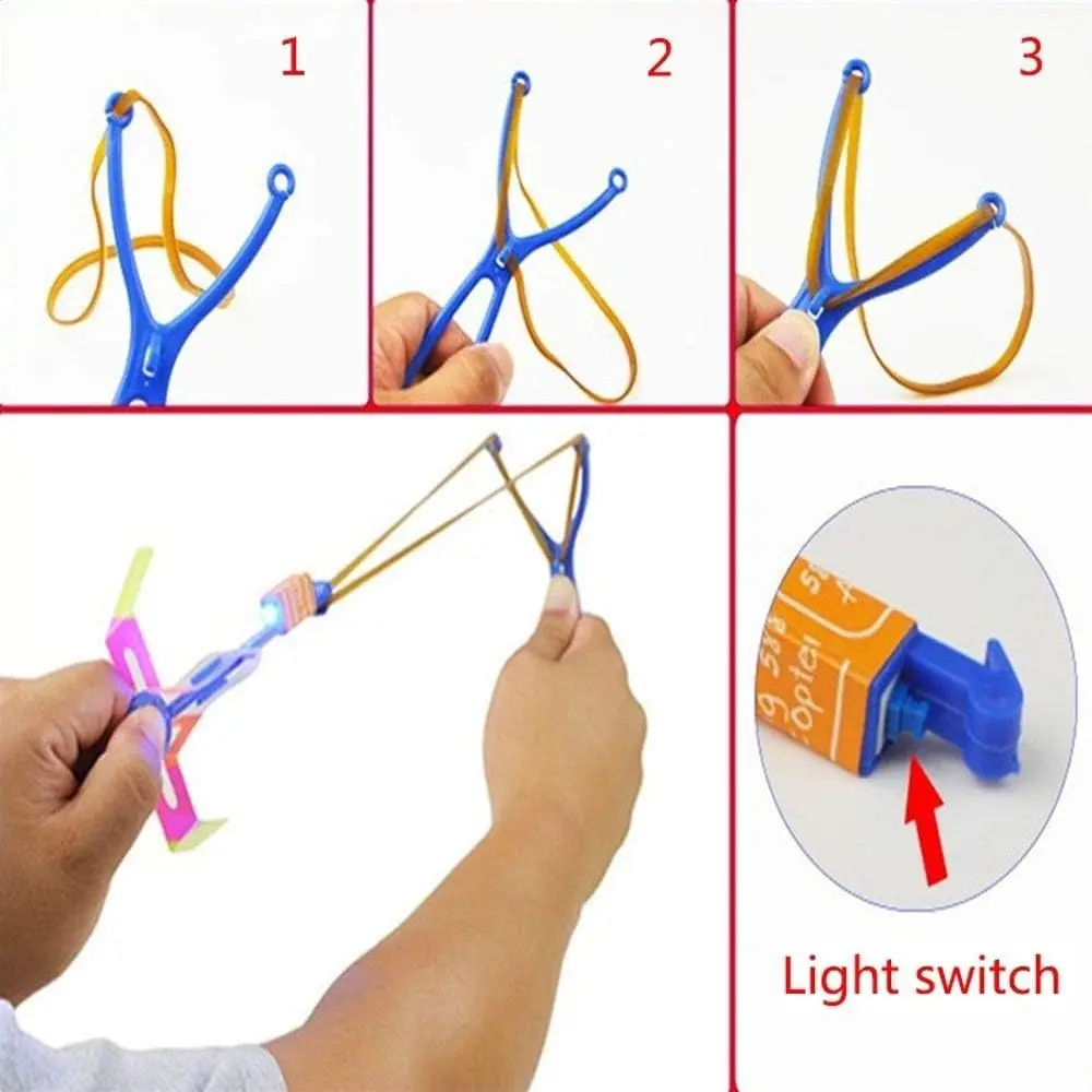 LED Light Arrow Helicopter Slingshot para crianças e adultos, brinquedo voador de ejeção, luz de flash azul, brinquedos de borracha catapulta, mini