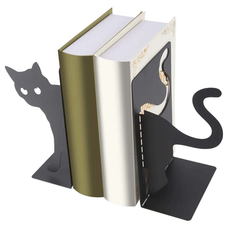 Design Cat Bookends - Metal Decorative Kitty Holders For Books, Magazines, Non-Slip Pads, Round Corners