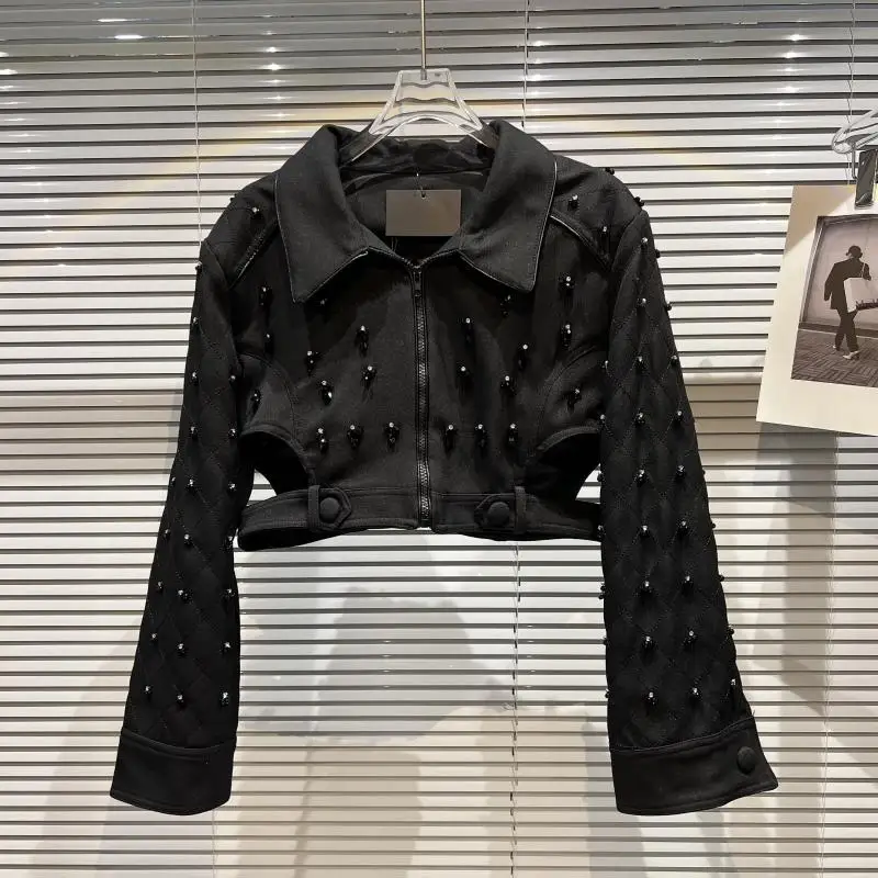 

Cool Women High Street Heavy Beading Hollow Out Waistcoat Short Jacket Hot Heavy Beading Black Jaqueta Zipper Coat Female