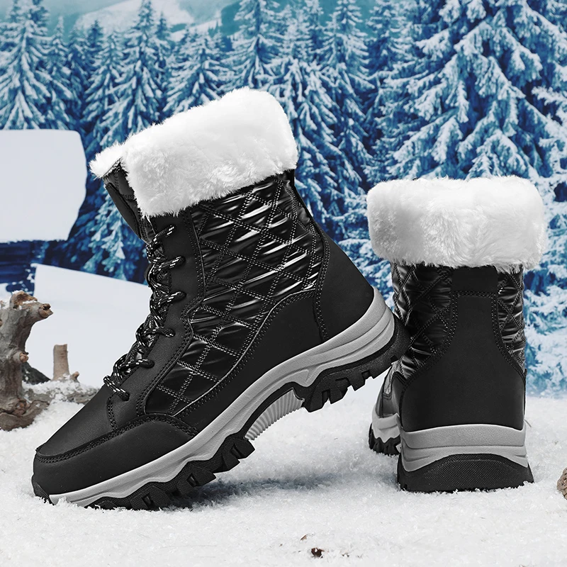 Waterproof and Warm Down fabric Snow Boots Women plush Antiskid Lady Outdoor Ankle Boots big size Mid-Calf Winter Boots Black