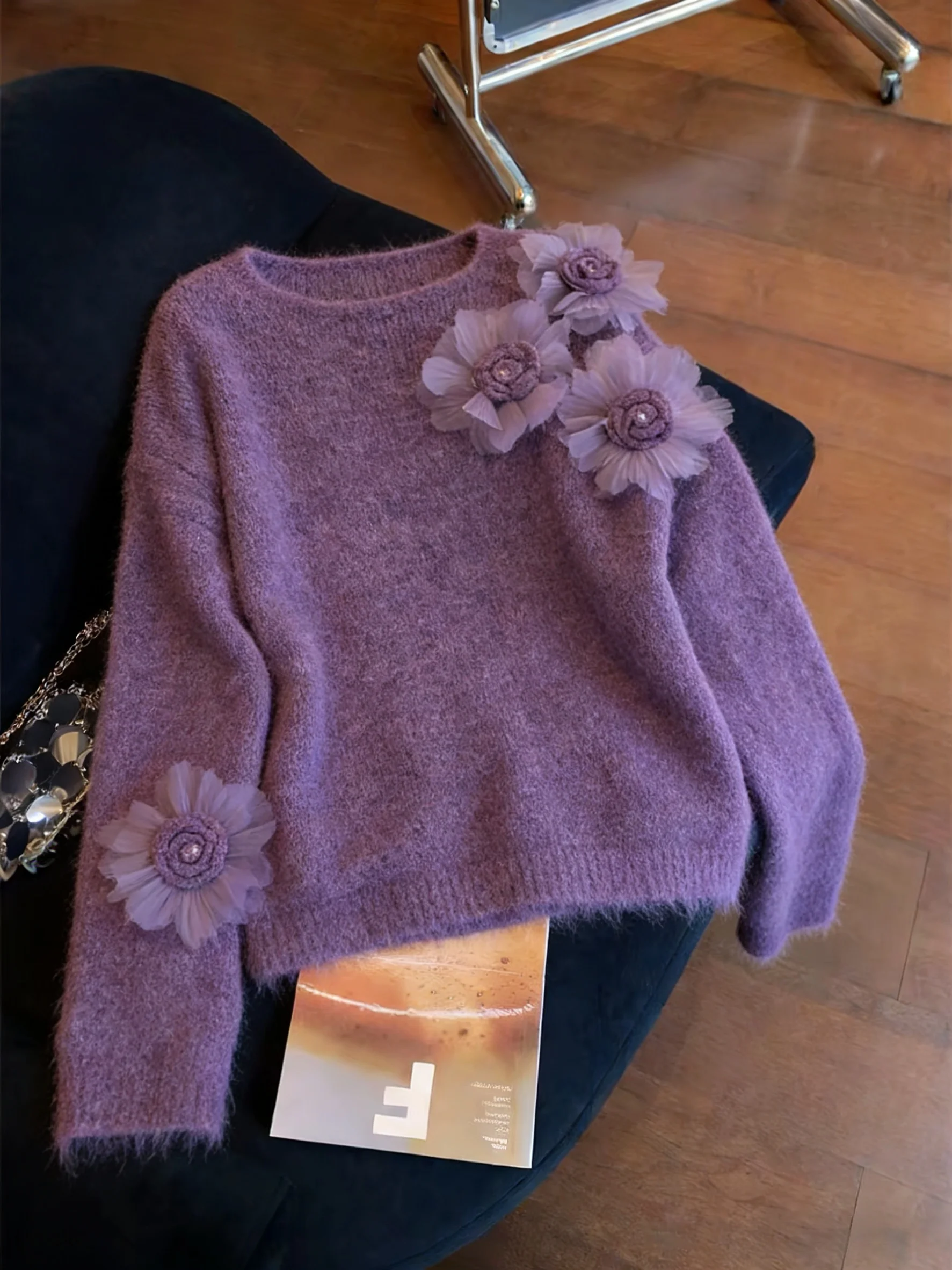 

Женский вязаный свитер Ele Vintage Purple с 3D-цветами, круглый вырез, мягкий, уютный, универсальный, весна-осень