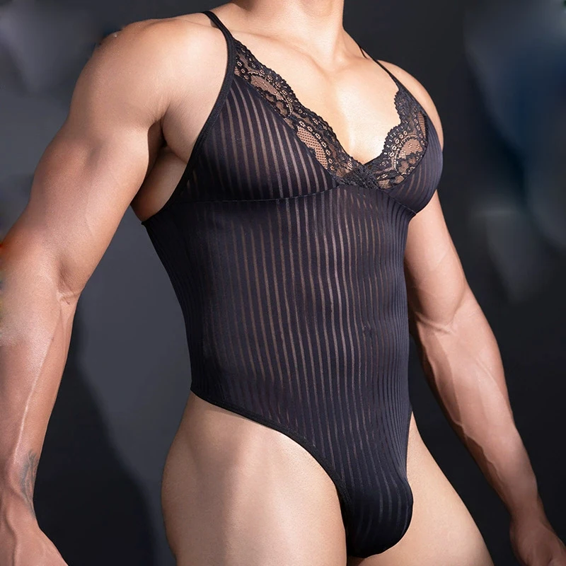Buckle Open Crotch Sexy Stripe Men's Bodysuit Tops Vest Deep V Lace Neck Elastic Shaping Tights Transparent Nightclub Leotard