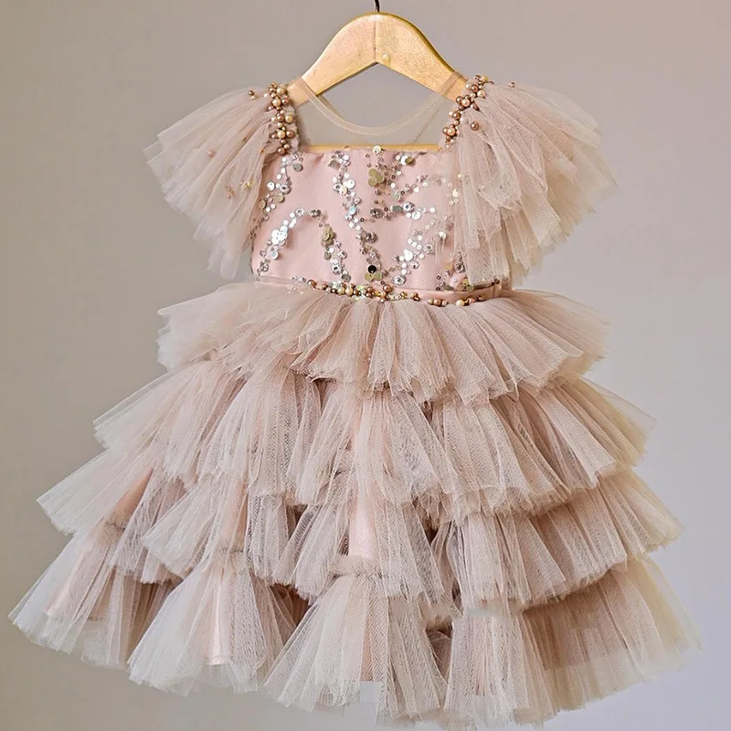

Kids Dress 2025 new girls' beige sequined layered suspender dress, fluffy mesh skirt, bow tie
