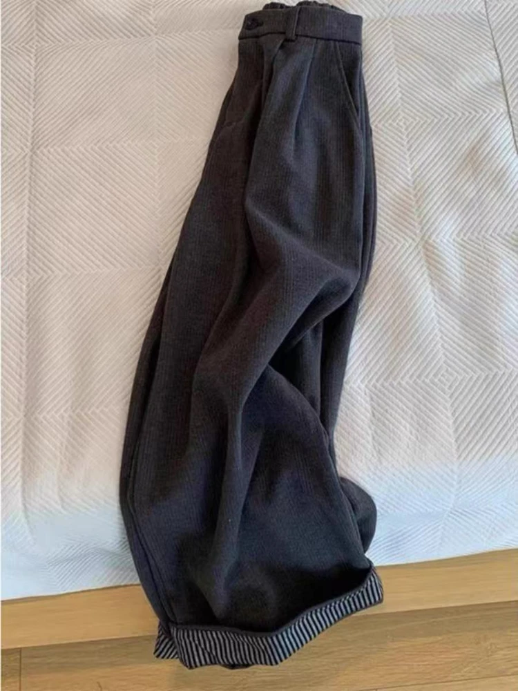 

Темно-серые женские брюки с высокой талией и широкими штанинами, осенне-зимняя новинка, большие размеры, свободные, повседневные, прямые брюки-трубы, визуально стройнящие фигуру