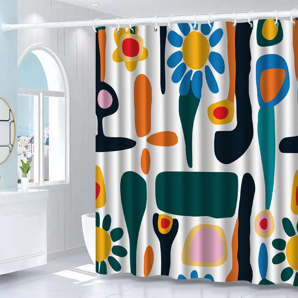 Boho Abstract Shower Curtain, Colorful Retro Abstract Flower Art Design For Stylish Cheerful Household Bathroom Use Case