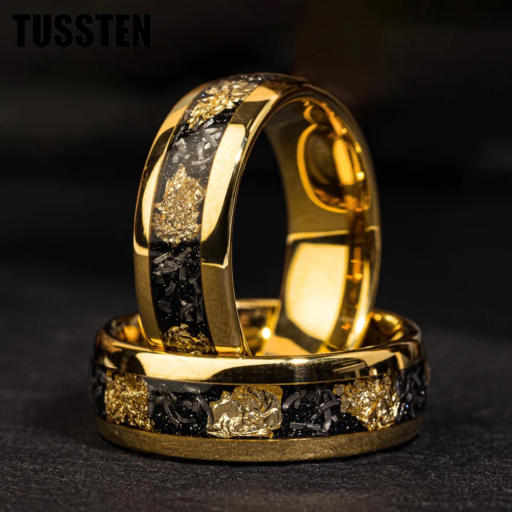 TUSSTEN 4/6/8MM Dome Edges Mens Womens Fashion Engagement Wedding Band Meteorite Gold Foil Inlay Tungsten Carbide Rings