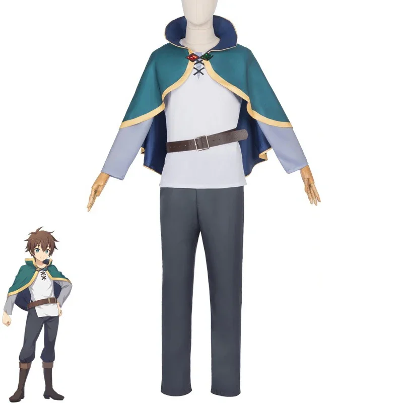 Anime KonoSuba Kazuma Satou Cosplay Costume Green Cloak Shirt Pants Belt Full Set Halloween Carnival Party Role Play Outfit - view 2