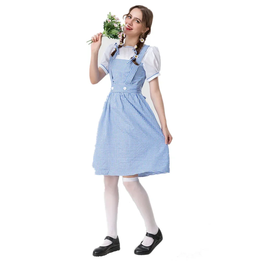 Halloween Women Cosplay Party Dress Adult Dorothy Maid Blue Plaid Dirndl Carnival Oktoberfest Costumes