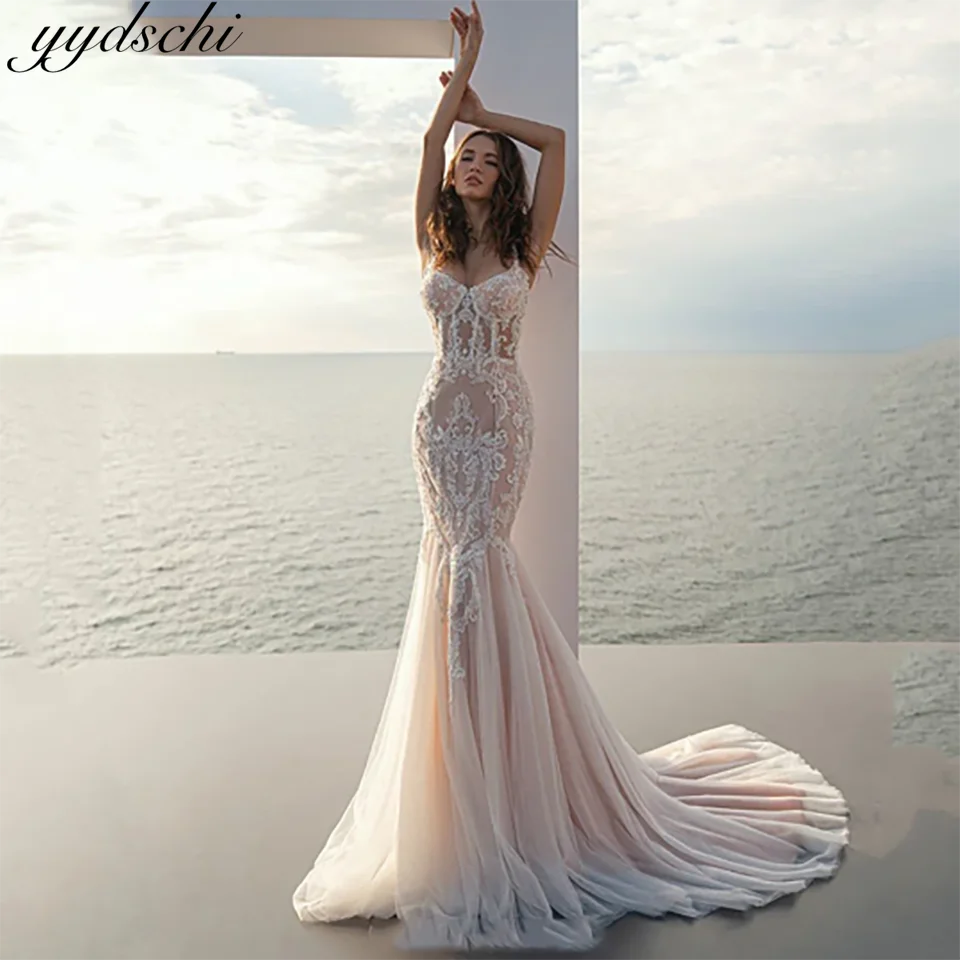 Customized Spaghetti Straps Lace Appliques Mermaid Wedding Dresses 2025 Lace Up With Court Train Tulle Bridal Gowns For Women