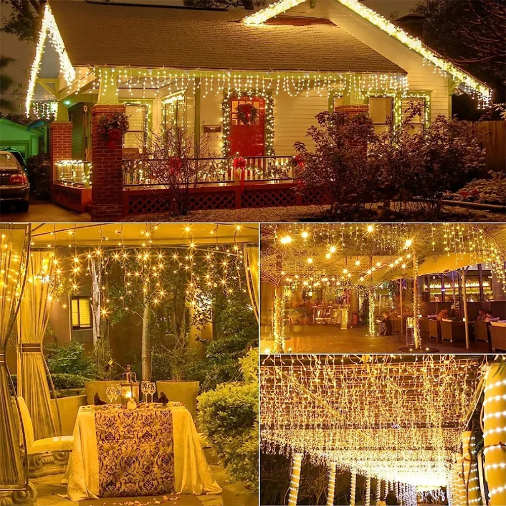 Guirnalda de luces de carámbanos solares, 7,5 M, 160Leds, decoración de aleros al aire libre, cortina para fiesta de boda, decoración navideña,