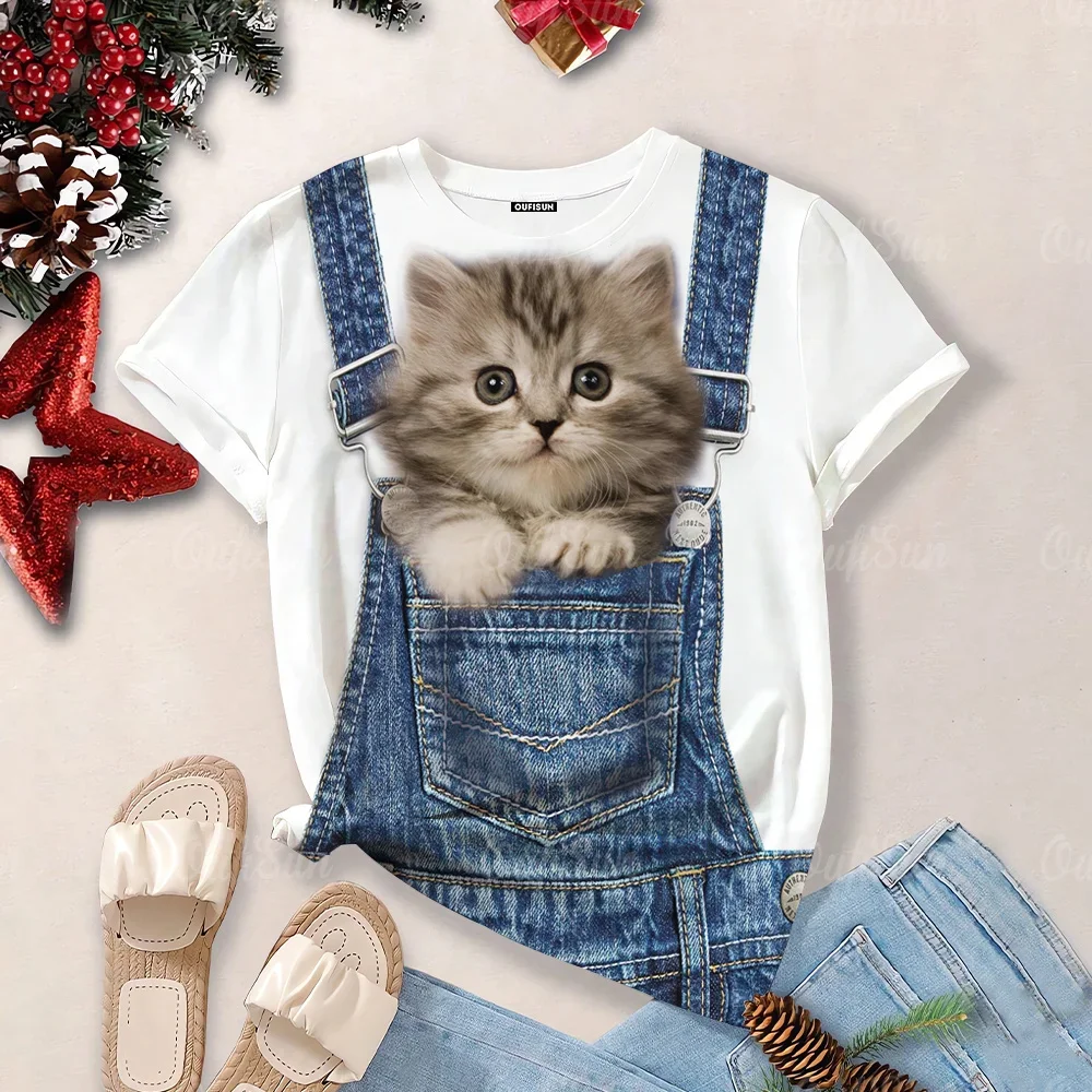 Women 3d Cute Cat PrintT-Shirts Kawaii Casual T Shirts O-Neck Short Sleeve Tees Tops Aesthetic Woman Overzise Tops