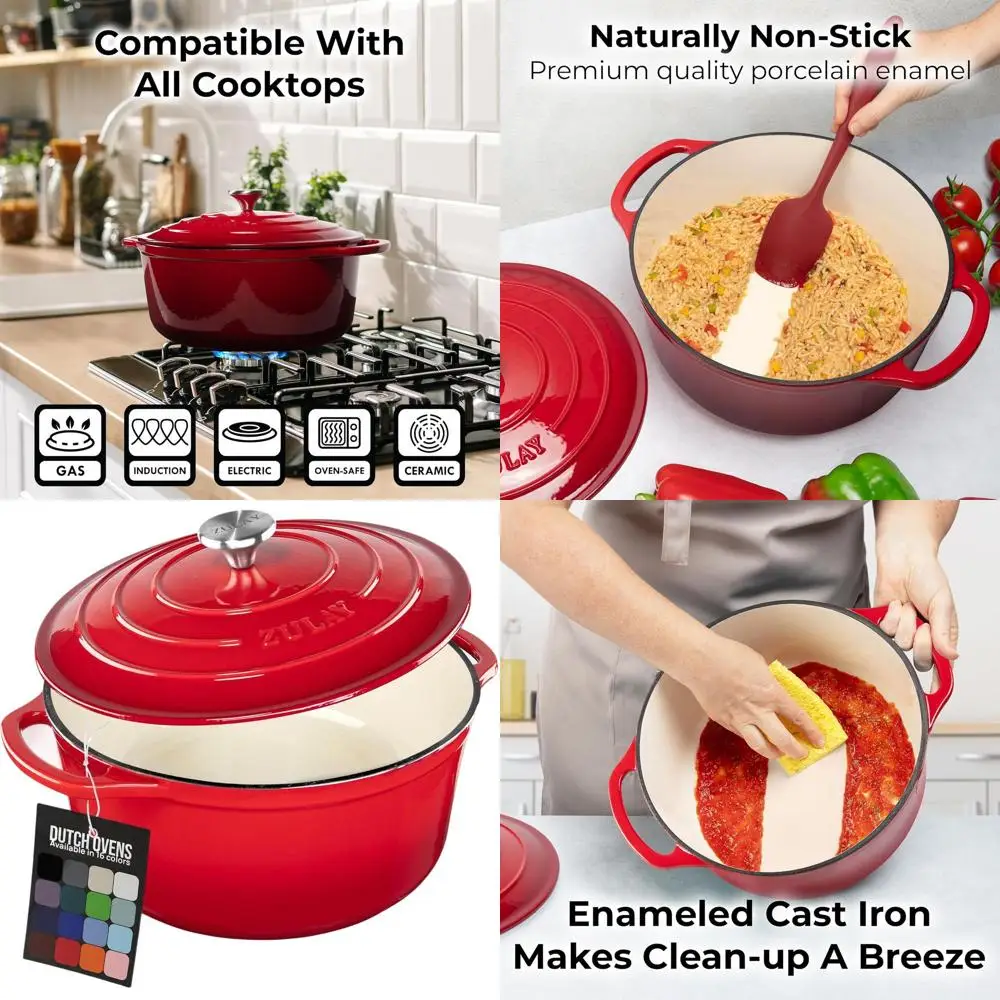 

Enameled Cast Iron Dutch Oven, 6 Quart, Oven-Safe to 500°F, Red - Durable Cookware for Baking, Stews, and Roasting