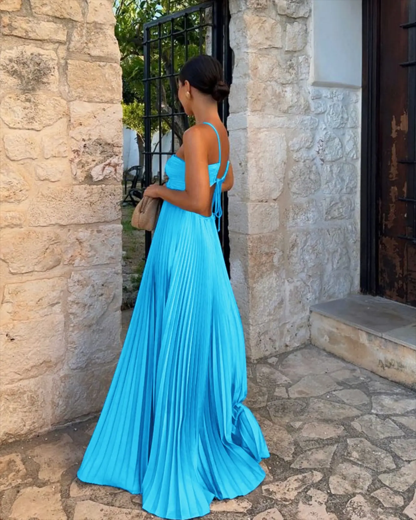 Blue Pleated Halter Long Dress Women's Solid Sleeveless Backless Lace-up Maxi Dress Summer Beach Vacation Evening Party Vestidos
