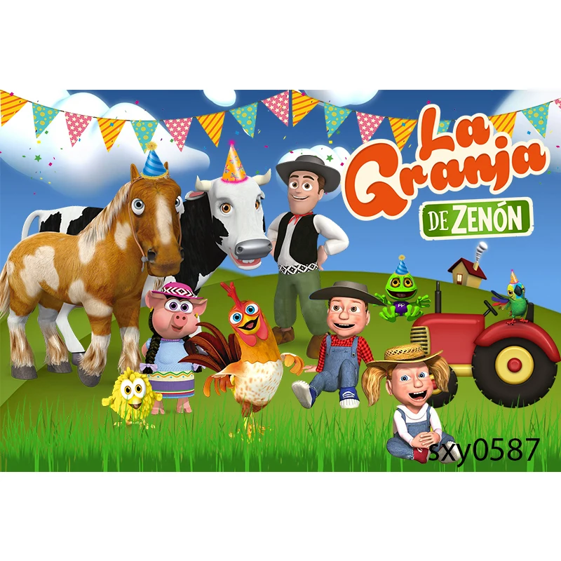 Custom พจนานุกรม Granja De Zenon ฉากหลังเด็ก1st วันเกิด Photo Studio สีเขียว Grass Farm Barn สัตว์รถแทรกเตอร์ภาพพื้นหลัง