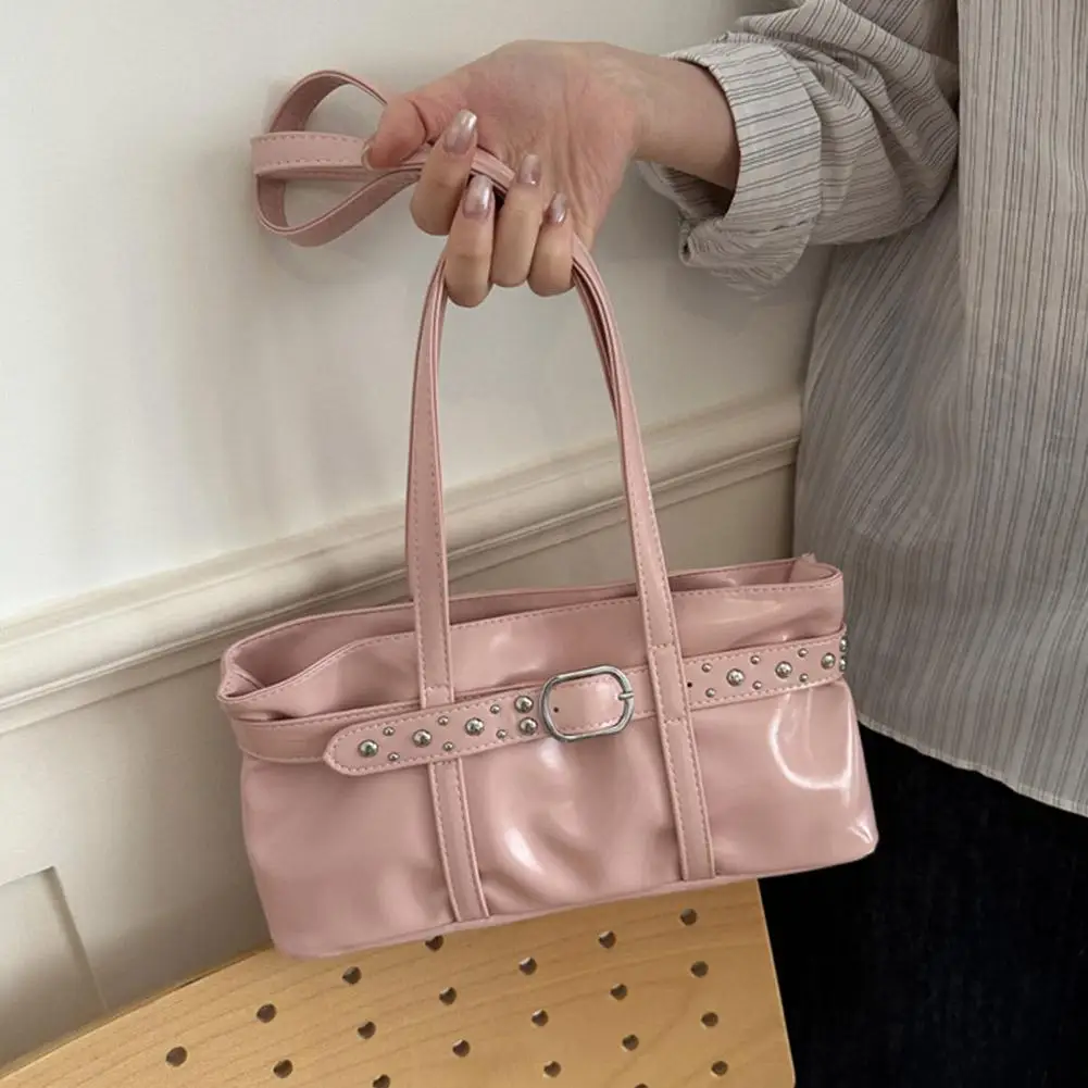 Rivet-Gürtelschnalle, Unterarmtasche für Damen, große Kapazität, einfarbig, Schultertasche, Retro-Handtasche für den täglichen Gebrauch. – Detail 15
