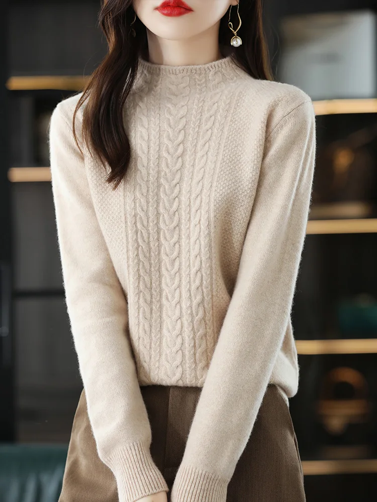 New Autumn Mock Neck Twisted Flower Pullover Knitwear 100% Merino Wool Women Sweater Long Sleeve Comfortable Tops Simple Style