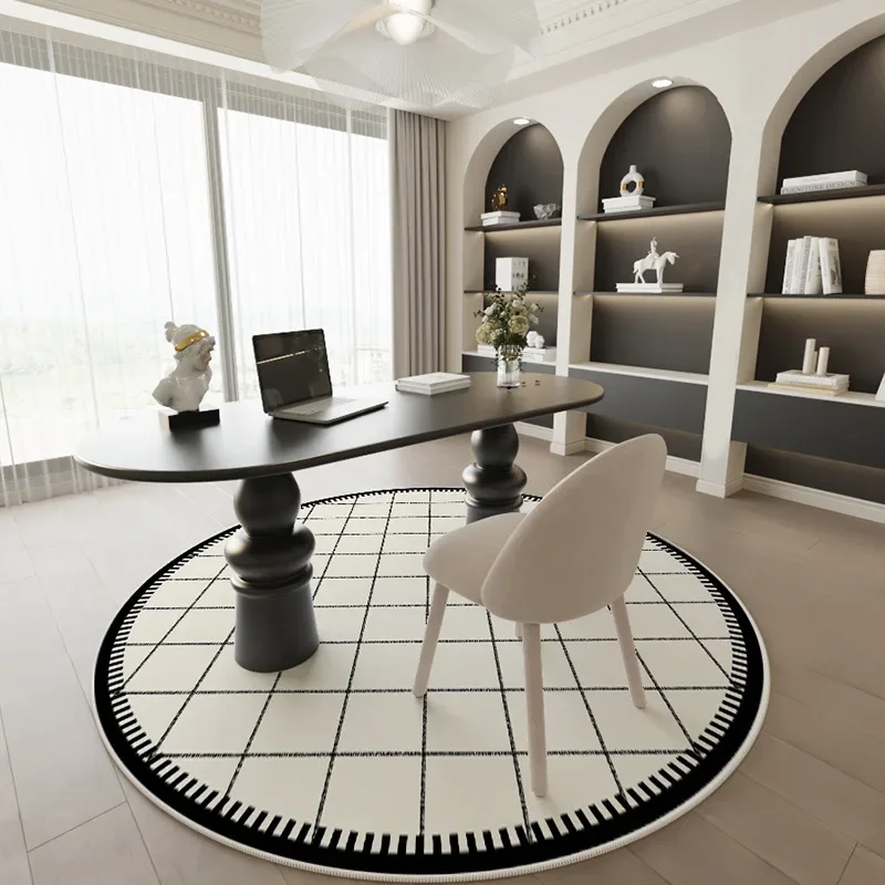 

Round Grid Living Room Carpet Light Luxury Elegant Bedroom Carpet Black Line Checkered Rug Non-Slip Easy Care Computer Chair Rug