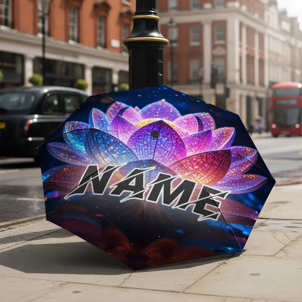 Custom Name umbrella, Illuminate Your Day: Neon Lotus Umbrella Design Fashion Folding Umbrella for Daily Use, Christmas Gift