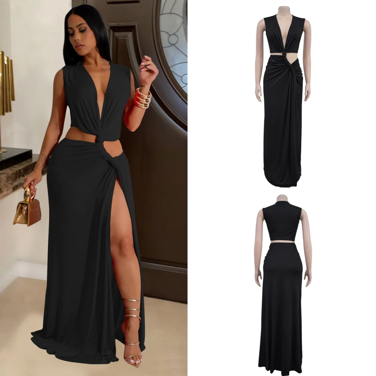 

Sexy Dress Women Party Evening Dresses Hollow Folds High Waist Gown Y2k Sleeveless Elegant Floor Length Vestidos Prom V Neck