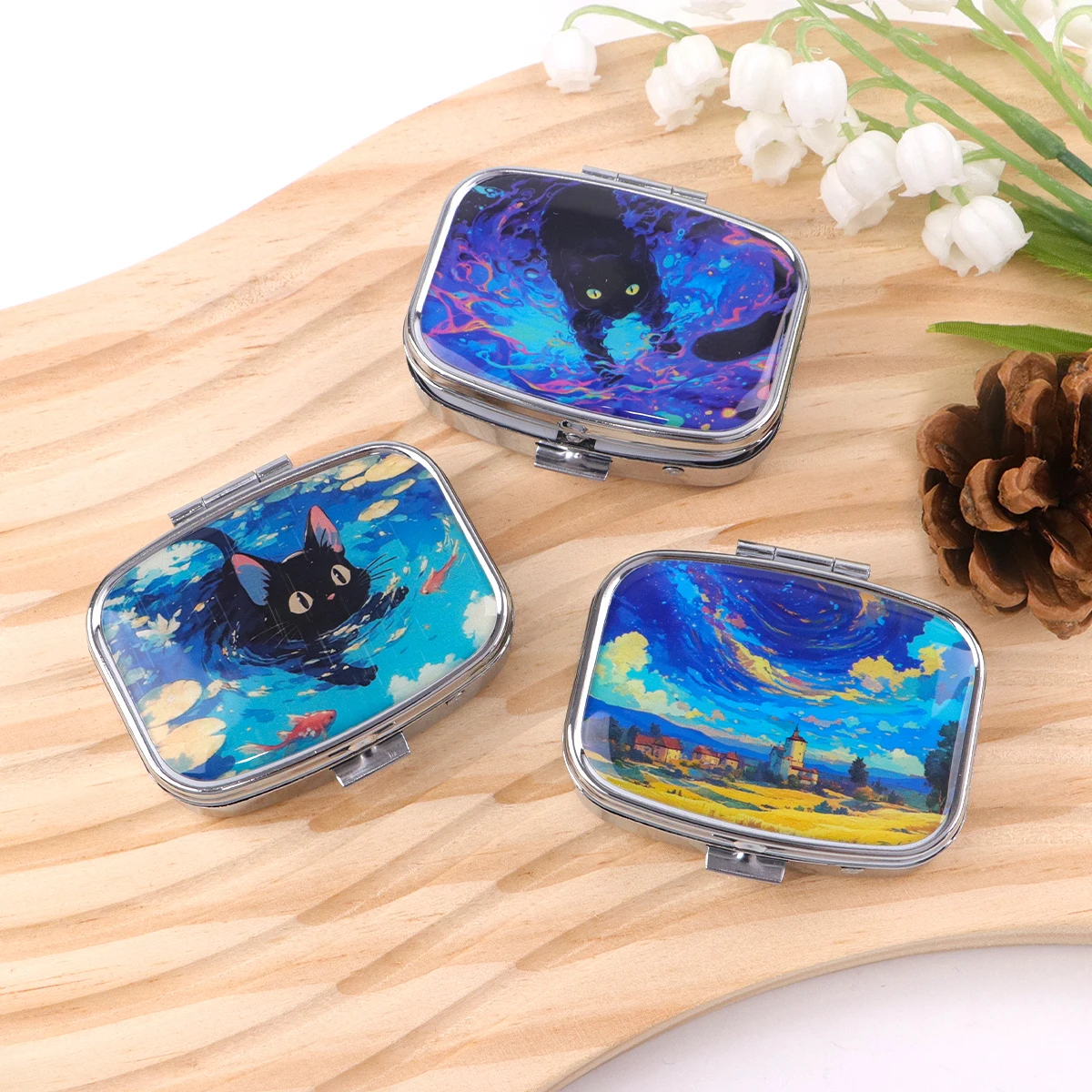 Cute Cats Pill Box Divided Metal Square Animals Tiger Birds Pill Box Travel Portable Medicine Case Small Pill Container Case Box