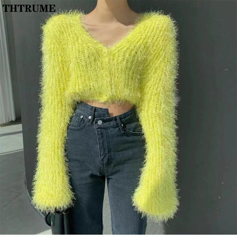 Sexy V-Neck Women Knit Sweaters Fashion Autumn Winter Warm Single Breasted Jumper Crop Tops Casual Solid Korean Fleece Cardigans