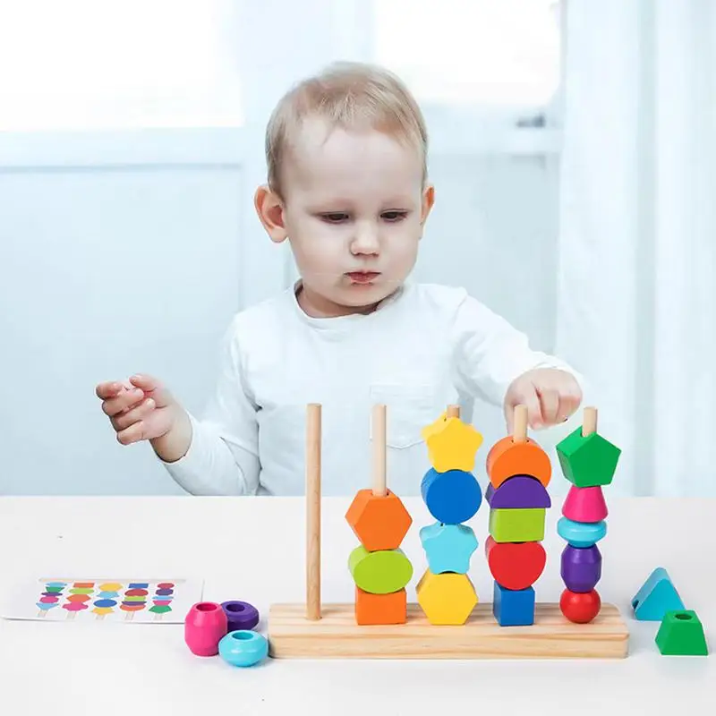 

Wooden Bead Sequencing Toy Set Preschool Learning Toys Matching Shape Stacker Toy Matching Shapes Colors Stacking Toy