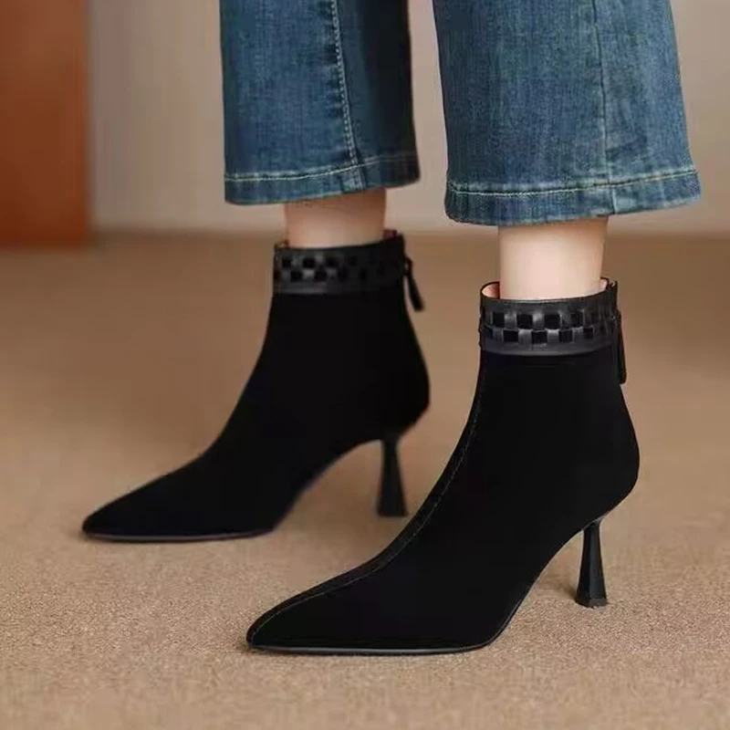 

Pointed Toe Women's Ankle Boots Elegant High Heels Shoes 2025 Brand Woman Pumps Winter Dress Suede Shoes Chelsea Short Botas