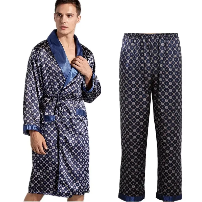 7XL Two-Piece Men Bathrobe Shorts Suit Silk Sleepwear for Men Kimono Home Soft Cozy Long-sleeved Bath Gown Robe Pants Pajama Set