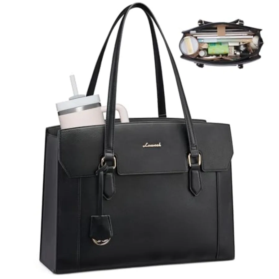 

Laptop Tote Bag for Women, Computer Work Bag With Large Cup Holder, 15.6 Inch Waterproof PU Leather Purse Briefcase for Teacher
