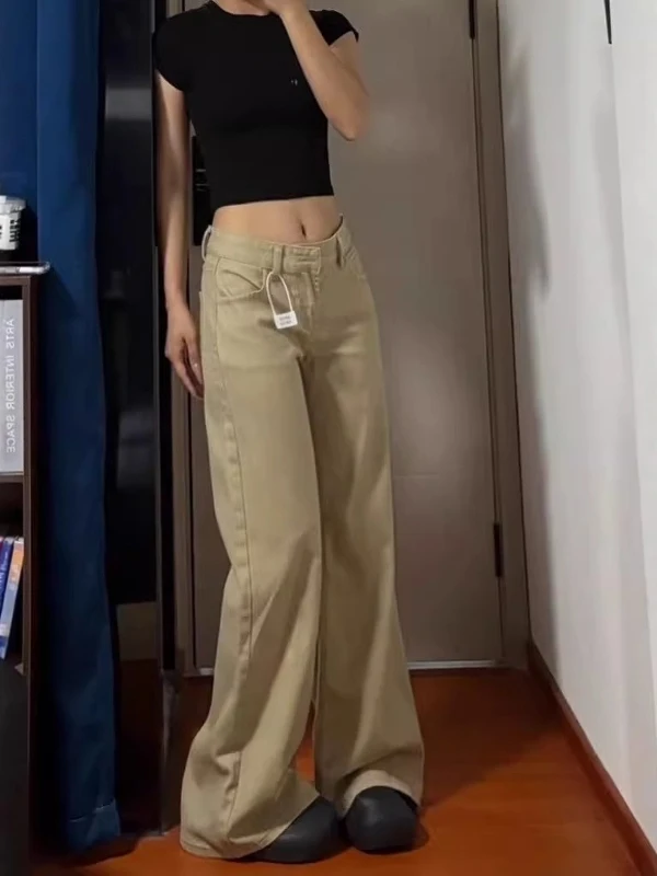 Khaki Low-Waist Bell-Bot-Jeans für Damen in Übergröße, schlankmachende Hüftbedeckung, vielseitige, nicht enge Leggings, Herbst, neue Sle