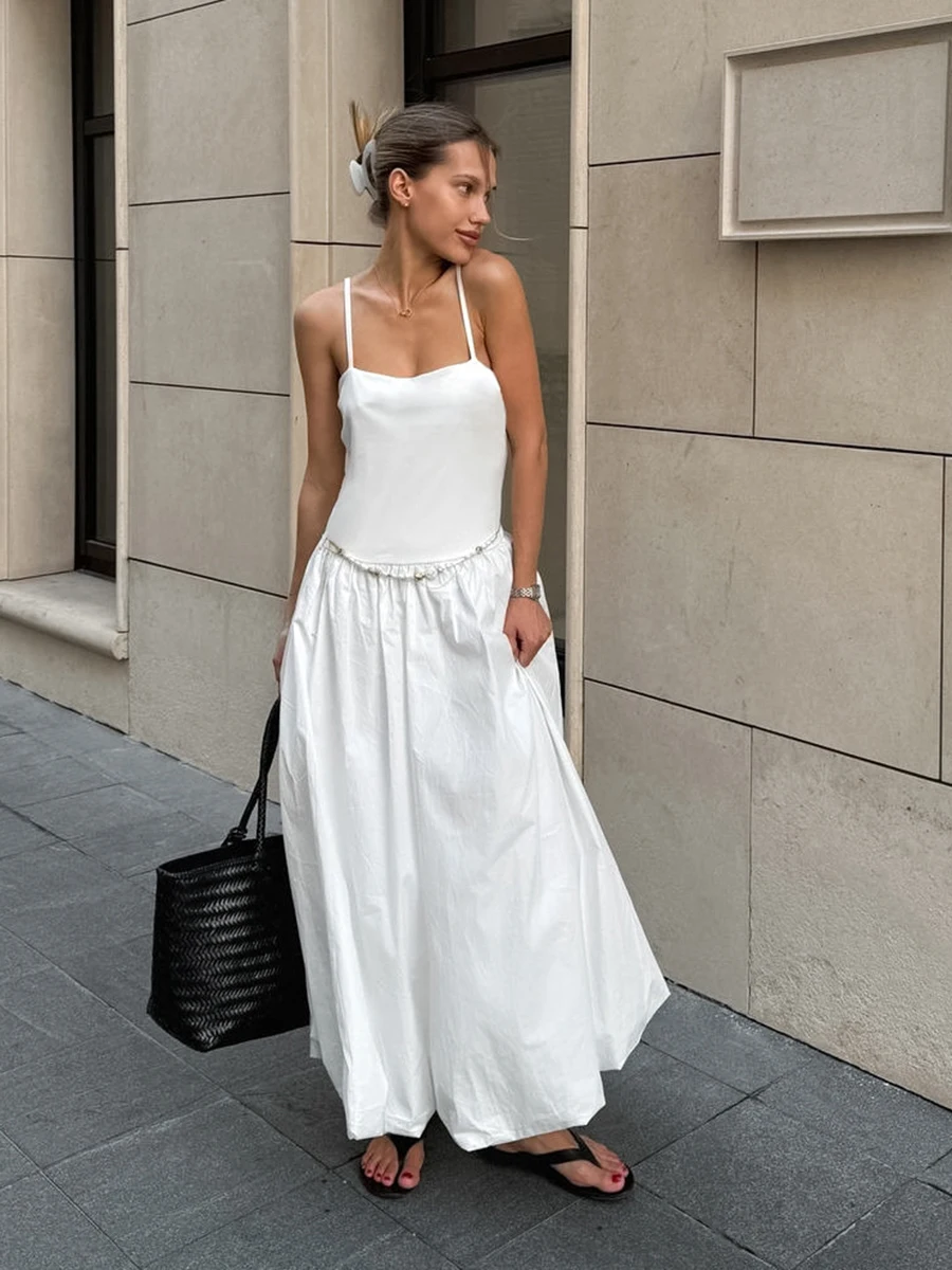 

White Patchwork Maxi Dresses Summer New Chic Simple Sleeveless A-line Vestidos Female Streetwear Fashion Casual Long Dress 2025