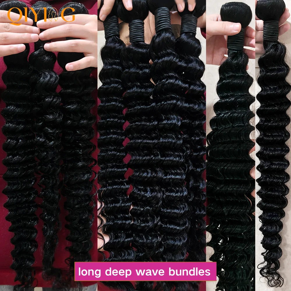 QIYING Deep Wave Bundles With 4x4 Lace Closure 12A 100% Virgin Human Hair Weave Extensions Free Part Natural Black Double Weft Curly Human Hair Bundles With Closure Local In Stock Fast Shipping For Women