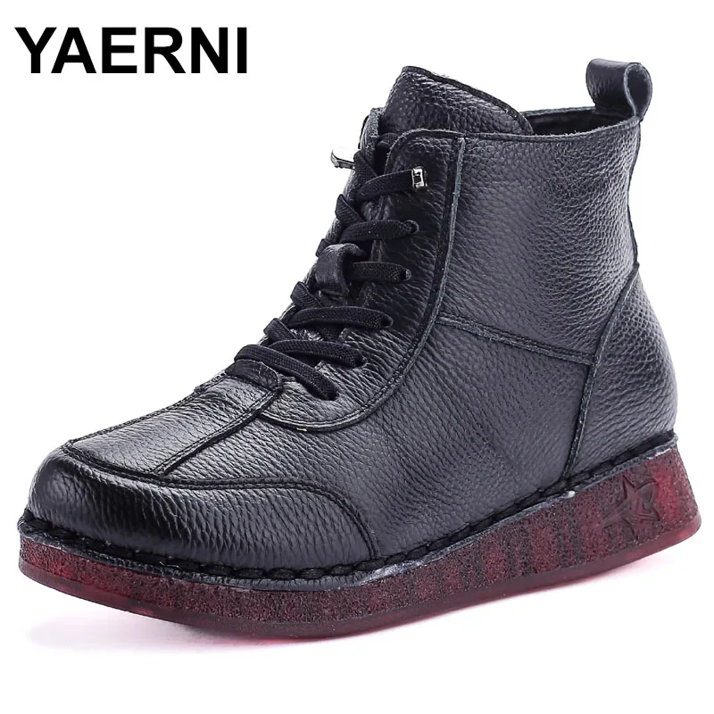 

New natural leather ankle boots women lace up winter shoes round toe flat booties woman warm short plush boot lady luxury shoes