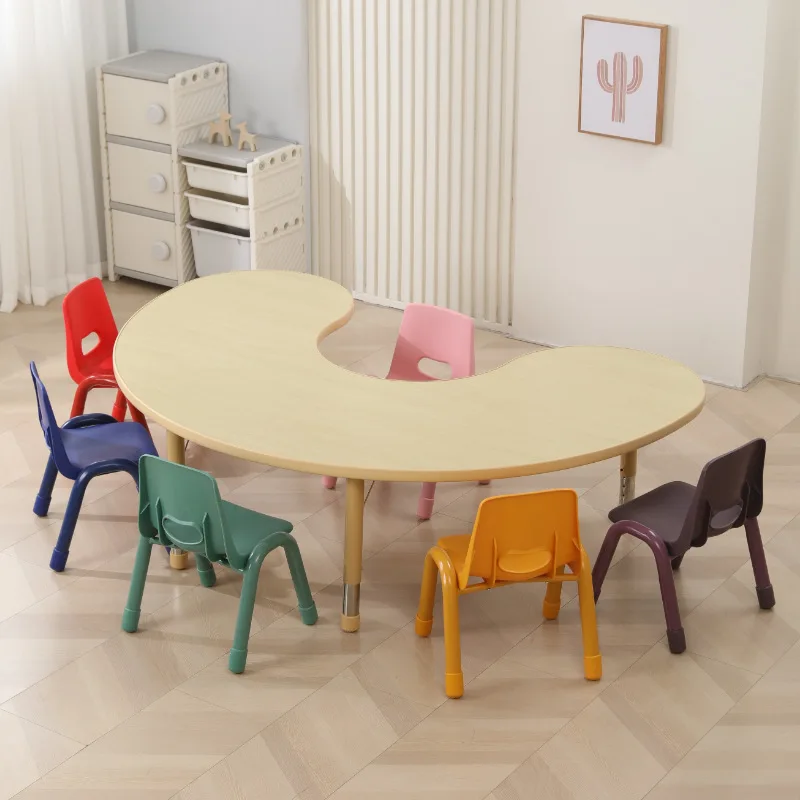 

Children's Table and Chair Set, Solid Wood Lifting Moon Table, Baby Learning Crescent Curved Table, Kindergarten