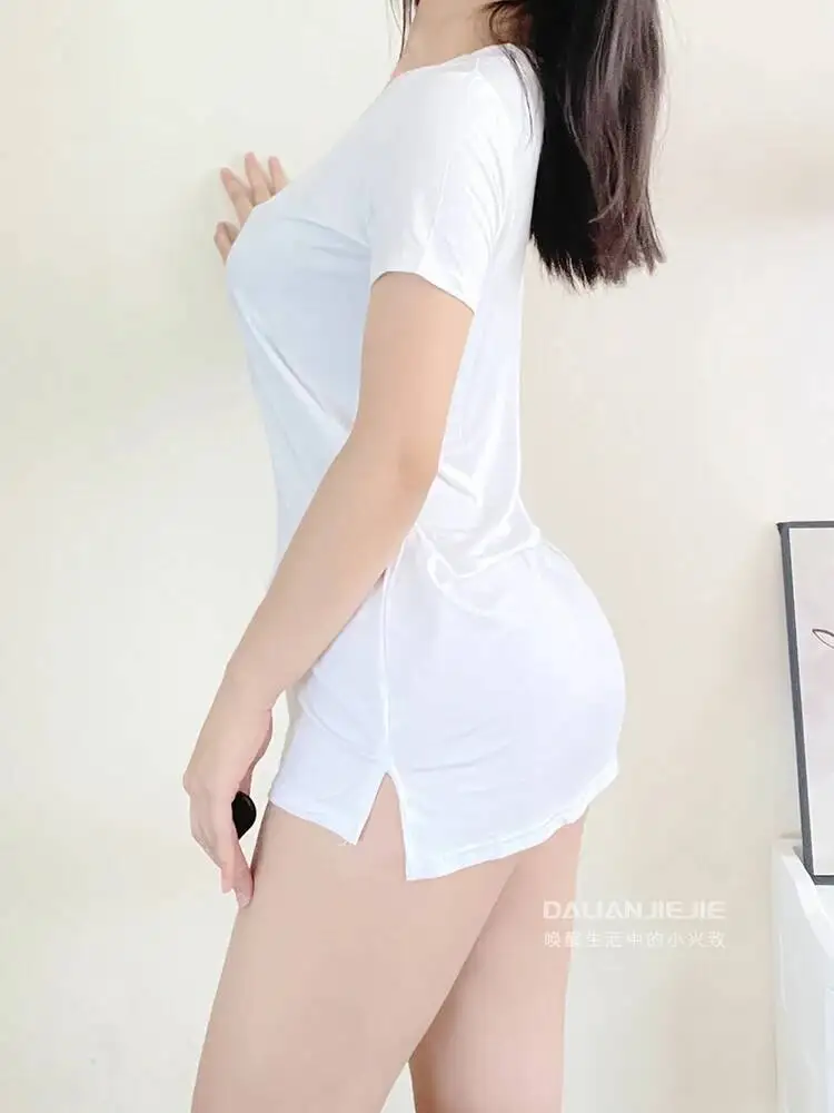 Camiseta larga holgada y sexi para mujer, vestido de manga corta de Color sólido, moda elegante, camiseta coreana sexi para mujer, Mini vestido 2024 nuevo NJ85
