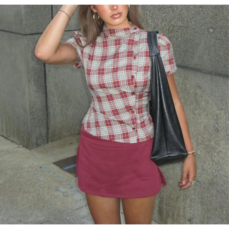 Women's y2k stand up collar short sleeved shirt, American retro plaid waist cinching strap, round neck slimming and versatile
