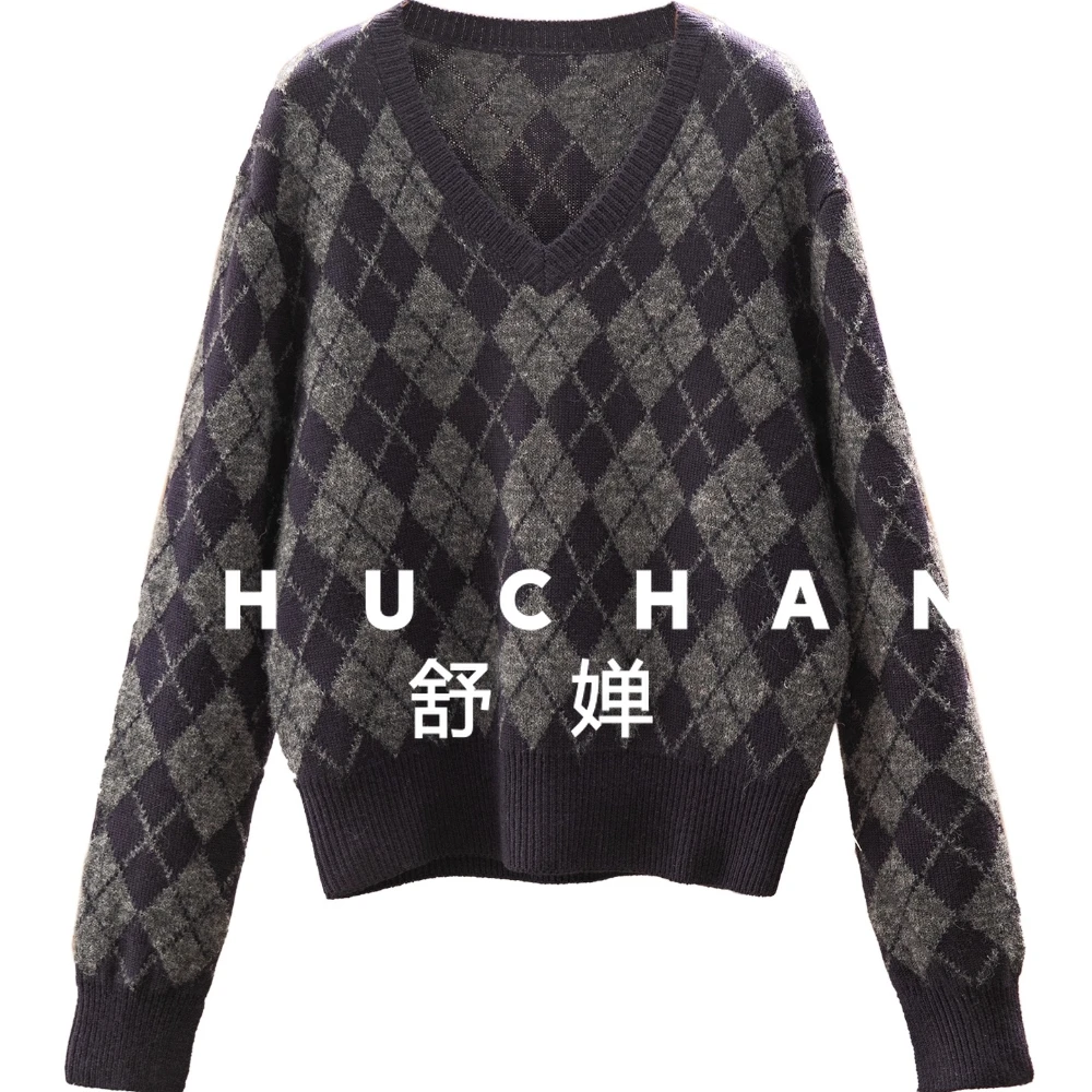 

British Retro British College Style, Contrasting Color Rhombus Wool Alpaca Hair V-neck Sweater Women's 43I7