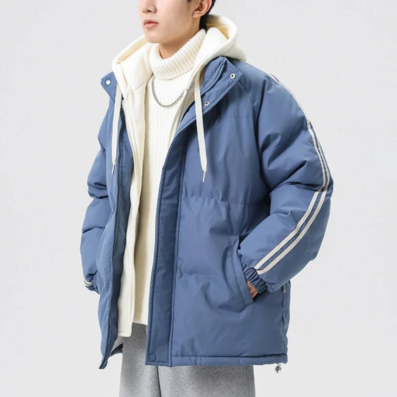 2024 New Sporty Hooded Parka Loose Fitting Coat with Two Pieces Design Striped Bread Clothes Youthful Style for Men Winter