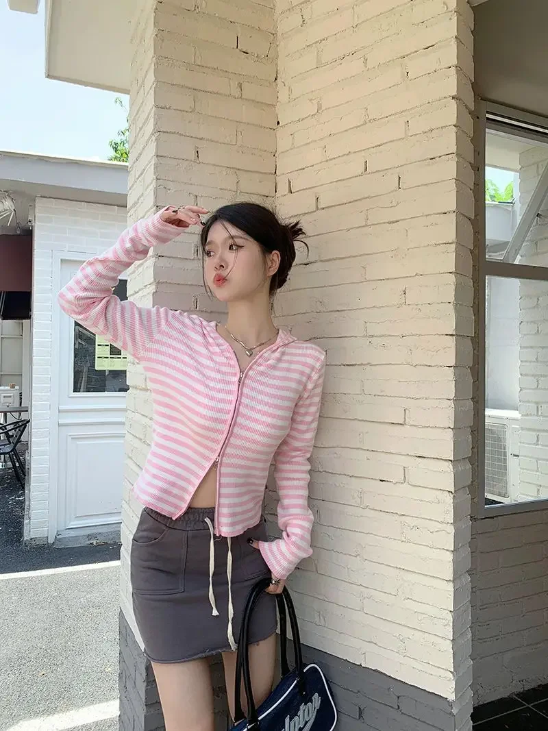 Striped Cardigan Women Slim Zipper Cropped Design American Style Fashion Young All-match Spring Chic Classic Кардиган Женский