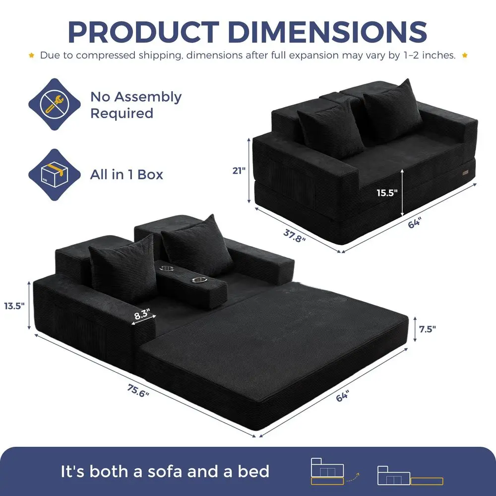 

Loveseat Sofa Bed, 64 Foldable Floor Sofa Couch in A Box with 2 Cup Holders, 4 in 1 Convertible Boneless Couch Folding Recliner