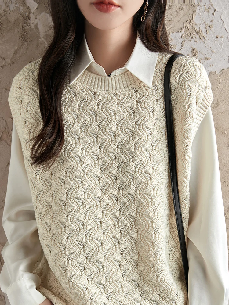 Gilet tricoté en pur coton pour femmes, rond, Ne Svel, ample, ajouré, couleur, nouvelle collection printemps automne 2025