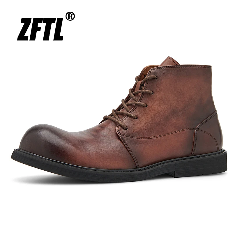 ZFTL Men\'s Chelsea Boots Casual Big toe Workwear Ankle boots 2023 winter high top boots British Retro Genuine Leather Man Boots