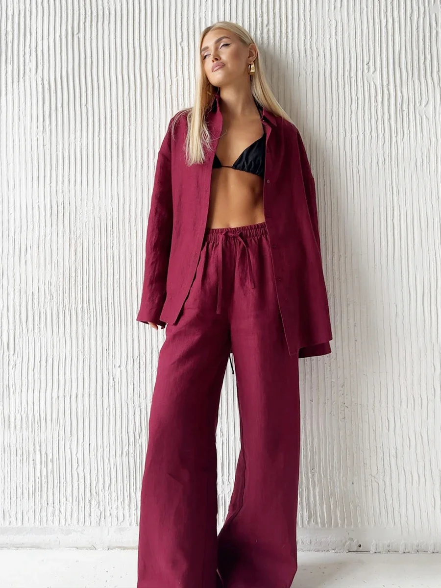 Wolfeel Casual Shirt Pants Sets 100% Cotton Women\'s Solid Color Cozy Lapel Long Sleeve Summer Outfit Elastic Waist Pants Suits