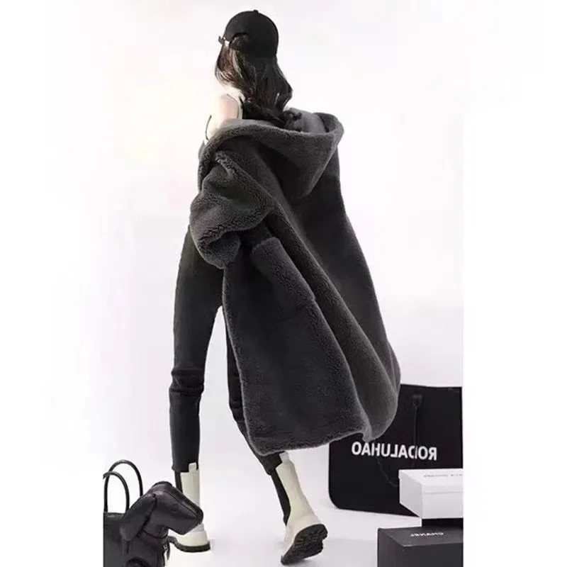 2024 inverno nuovo di alta qualità tinta unita imitazione lana di agnello Polo temperamento con cappuccio cappotto di lana sciolto cappotto donna tendenza tinta unita