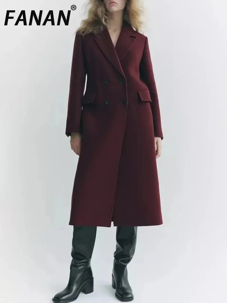 FANAN Elegant Women's Burgundy Wool Coat Street Collar Double Chest Full Sleeved Long Sleeved Coat 2025 Spring Autumn Female