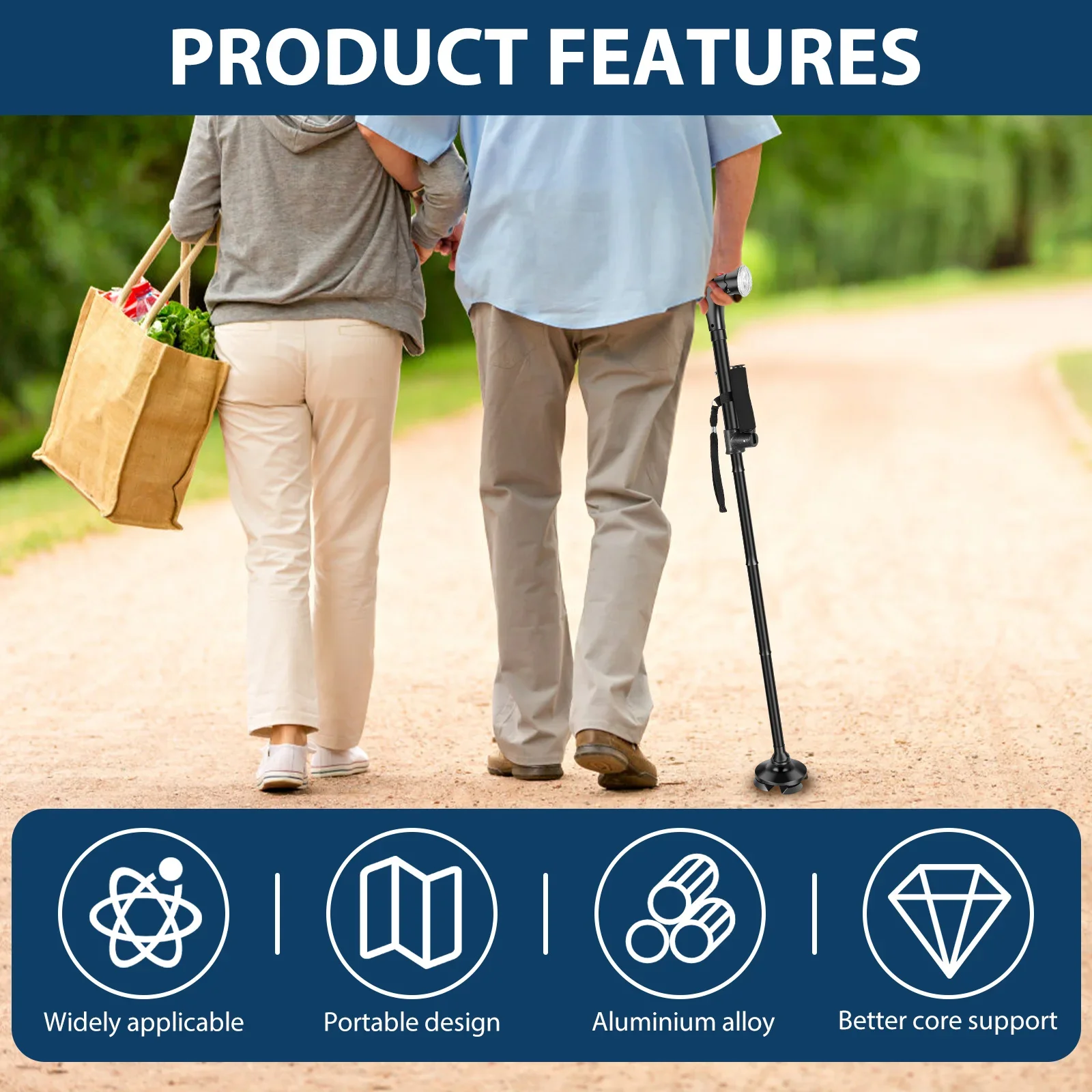 Folding Cane Elder Crutches With LED Light Four-legged Anti Slip Aluminum Alloy Telescopic Walking Cane Flashlight SOS Alarm